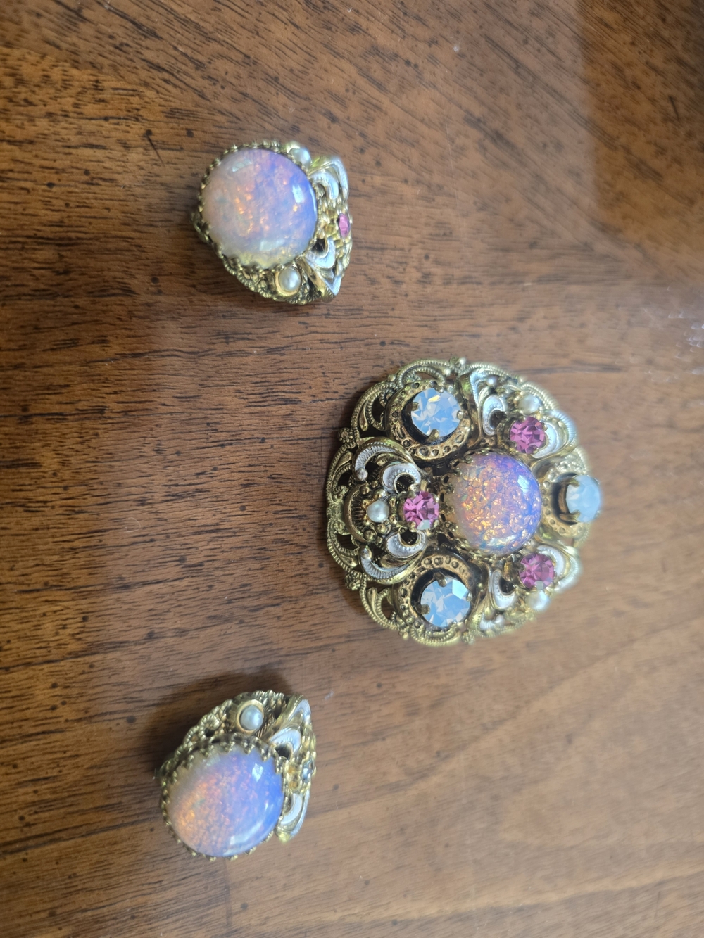 Vintage-Inspired Opal and Pink Crystal Brooch & Earring Set